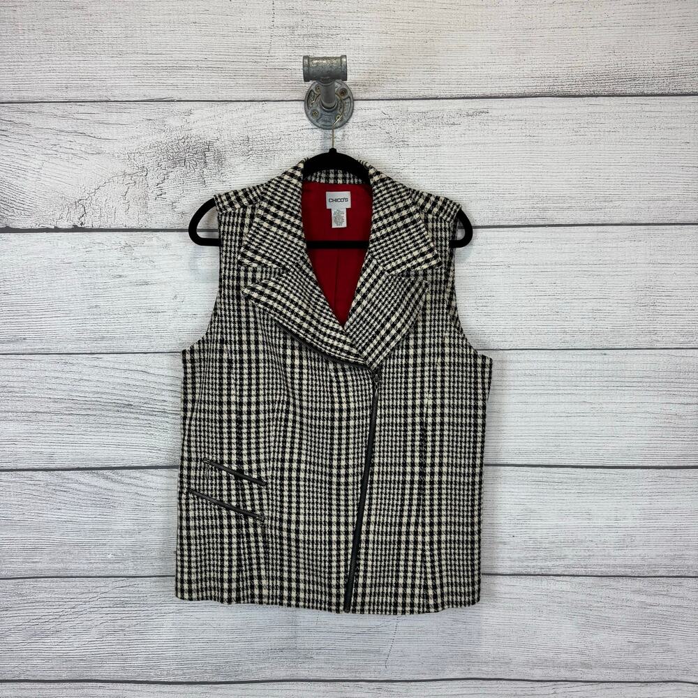 Chico's Women's Cream & Black Checkered Sleeveless Zip Vest Size 2/Large